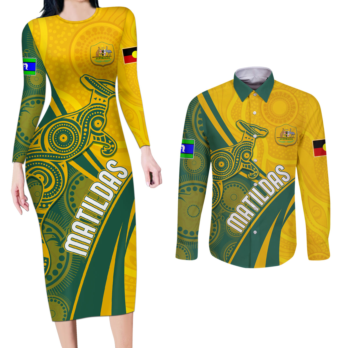 personalised-australia-soccer-matildas-indigenous-couples-matching-long-sleeve-bodycon-dress-and-long-sleeve-button-shirts-world-cup-2023