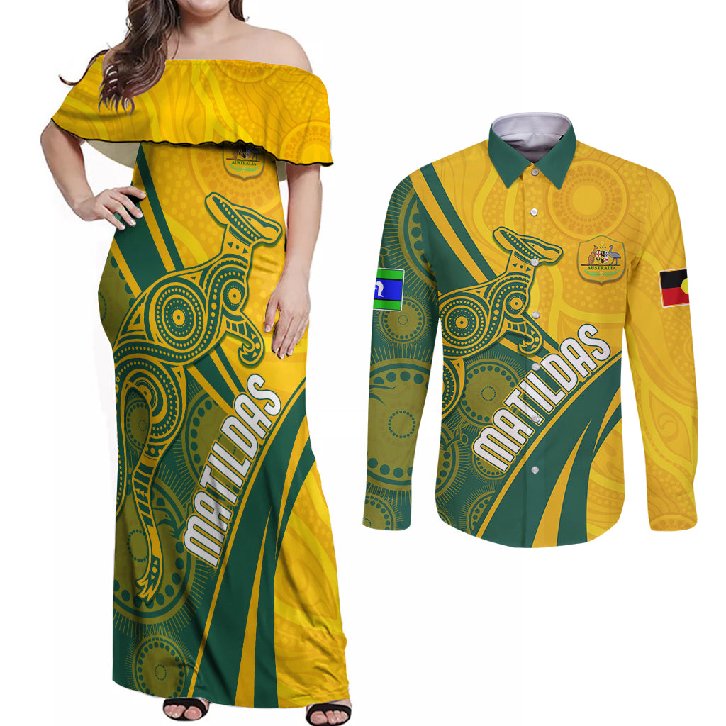 personalised-australia-soccer-matildas-indigenous-couples-matching-off-shoulder-maxi-dress-and-long-sleeve-button-shirts-world-cup-2023