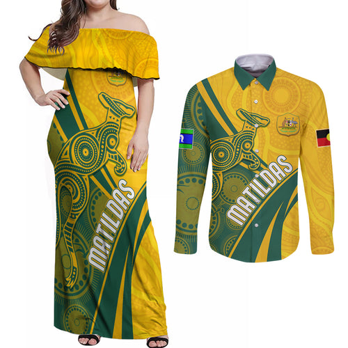 personalised-australia-soccer-matildas-indigenous-couples-matching-off-shoulder-maxi-dress-and-long-sleeve-button-shirts-world-cup-2023