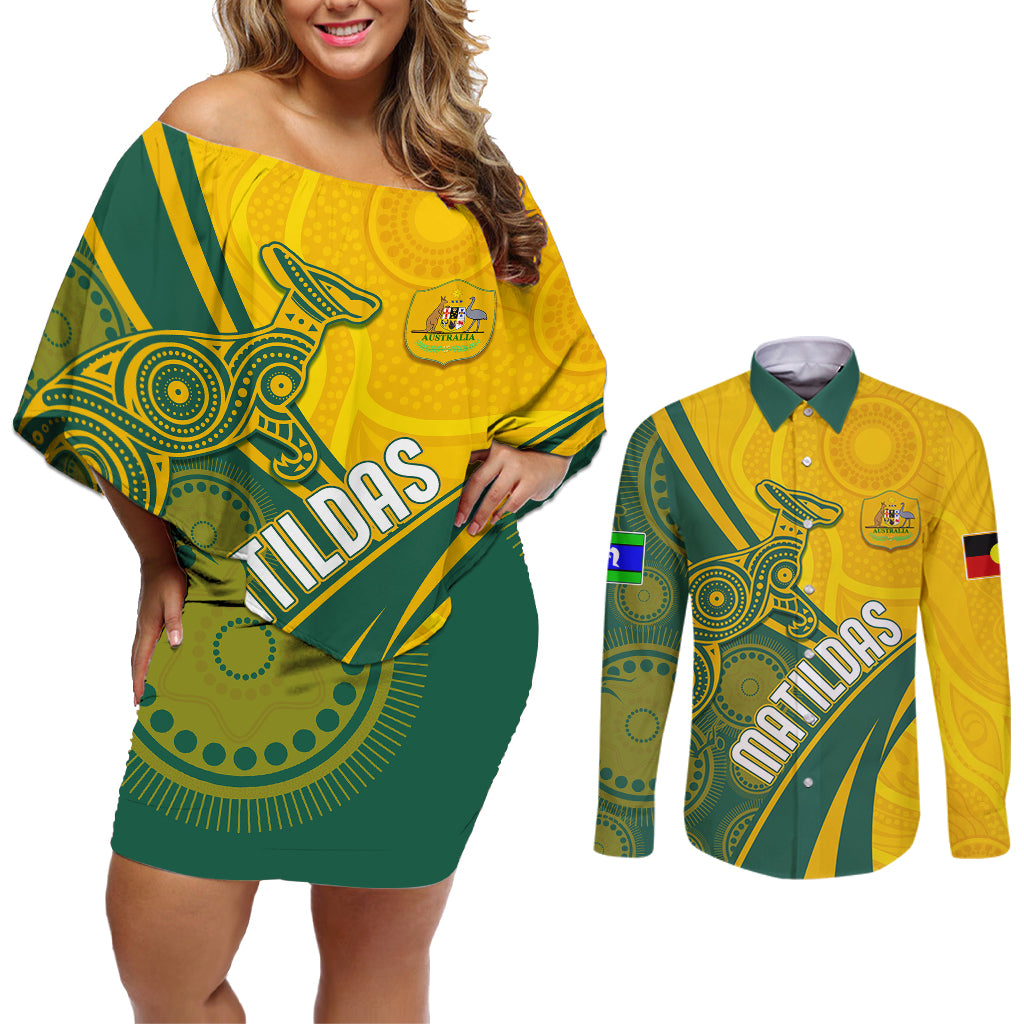 personalised-australia-soccer-matildas-indigenous-couples-matching-off-shoulder-short-dress-and-long-sleeve-button-shirts-world-cup-2023