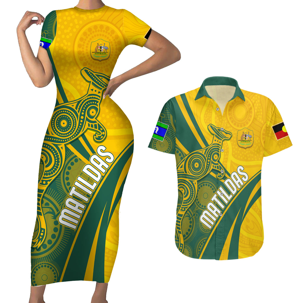 personalised-australia-soccer-matildas-indigenous-couples-matching-short-sleeve-bodycon-dress-and-hawaiian-shirt-world-cup-2023