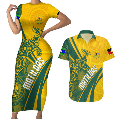 personalised-australia-soccer-matildas-indigenous-couples-matching-short-sleeve-bodycon-dress-and-hawaiian-shirt-world-cup-2023