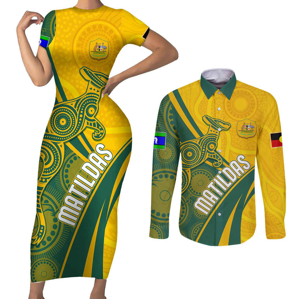 personalised-australia-soccer-matildas-indigenous-couples-matching-short-sleeve-bodycon-dress-and-long-sleeve-button-shirts-world-cup-2023