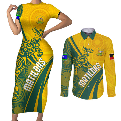 personalised-australia-soccer-matildas-indigenous-couples-matching-short-sleeve-bodycon-dress-and-long-sleeve-button-shirts-world-cup-2023