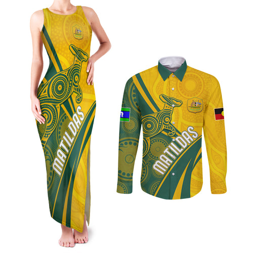 personalised-australia-soccer-matildas-indigenous-couples-matching-tank-maxi-dress-and-long-sleeve-button-shirts-world-cup-2023