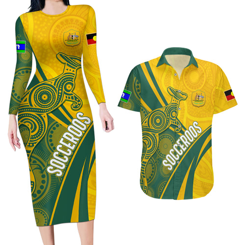 personalised-australia-soccer-socceroos-indigenous-couples-matching-long-sleeve-bodycon-dress-and-hawaiian-shirt-world-cup-2023