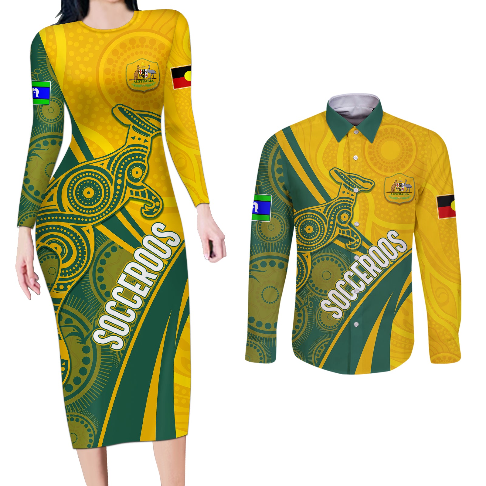 personalised-australia-soccer-socceroos-indigenous-couples-matching-long-sleeve-bodycon-dress-and-long-sleeve-button-shirts-world-cup-2023