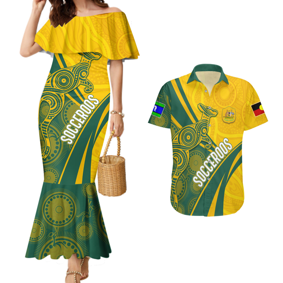 personalised-australia-soccer-socceroos-indigenous-couples-matching-mermaid-dress-and-hawaiian-shirt-world-cup-2023