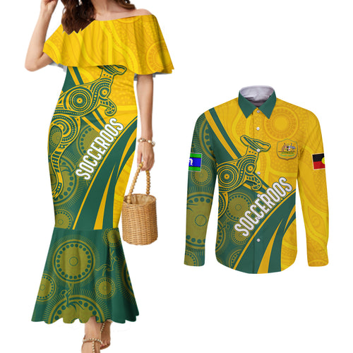 personalised-australia-soccer-socceroos-indigenous-couples-matching-mermaid-dress-and-long-sleeve-button-shirts-world-cup-2023