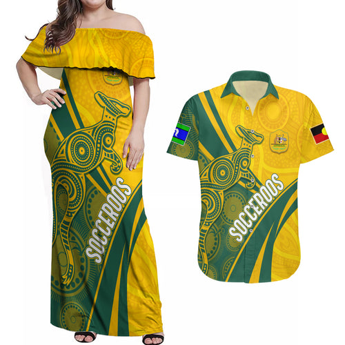 personalised-australia-soccer-socceroos-indigenous-couples-matching-off-shoulder-maxi-dress-and-hawaiian-shirt-world-cup-2023