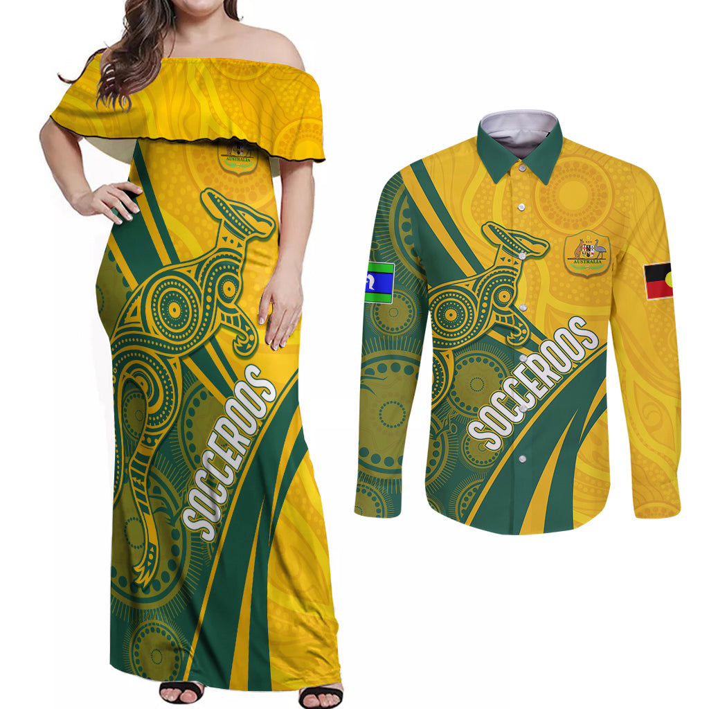 personalised-australia-soccer-socceroos-indigenous-couples-matching-off-shoulder-maxi-dress-and-long-sleeve-button-shirts-world-cup-2023