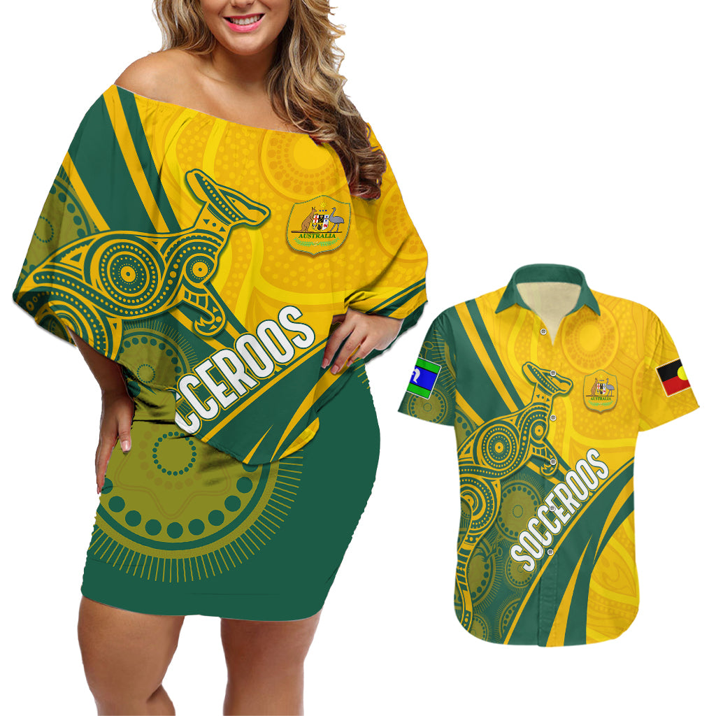 personalised-australia-soccer-socceroos-indigenous-couples-matching-off-shoulder-short-dress-and-hawaiian-shirt-world-cup-2023