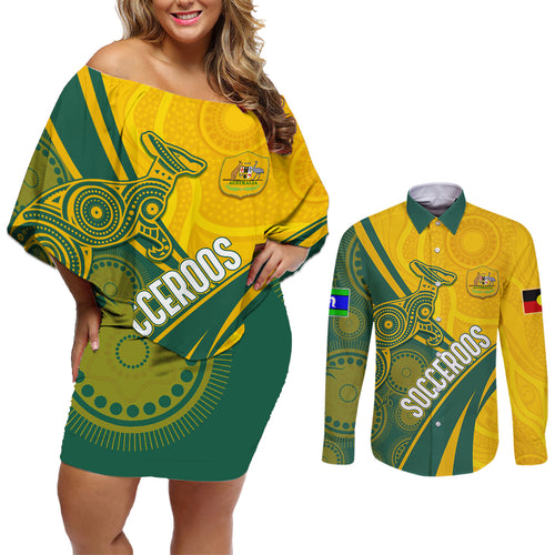 personalised-australia-soccer-socceroos-indigenous-couples-matching-off-shoulder-short-dress-and-long-sleeve-button-shirts-world-cup-2023