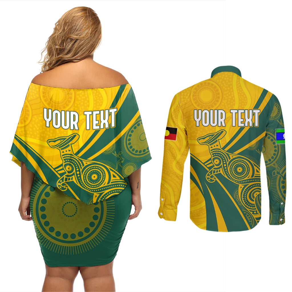 personalised-australia-soccer-socceroos-indigenous-couples-matching-off-shoulder-short-dress-and-long-sleeve-button-shirts-world-cup-2023