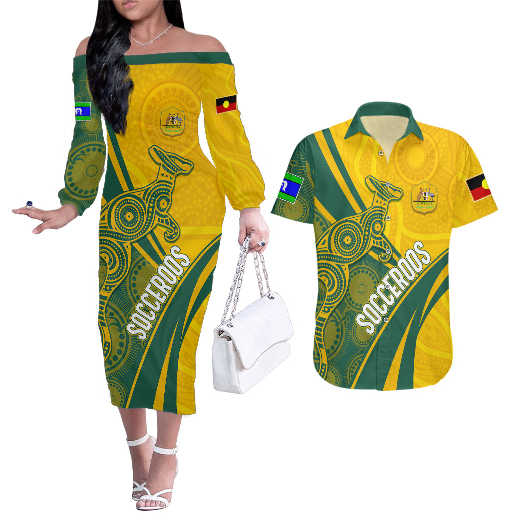 personalised-australia-soccer-socceroos-indigenous-couples-matching-off-the-shoulder-long-sleeve-dress-and-hawaiian-shirt-world-cup-2023