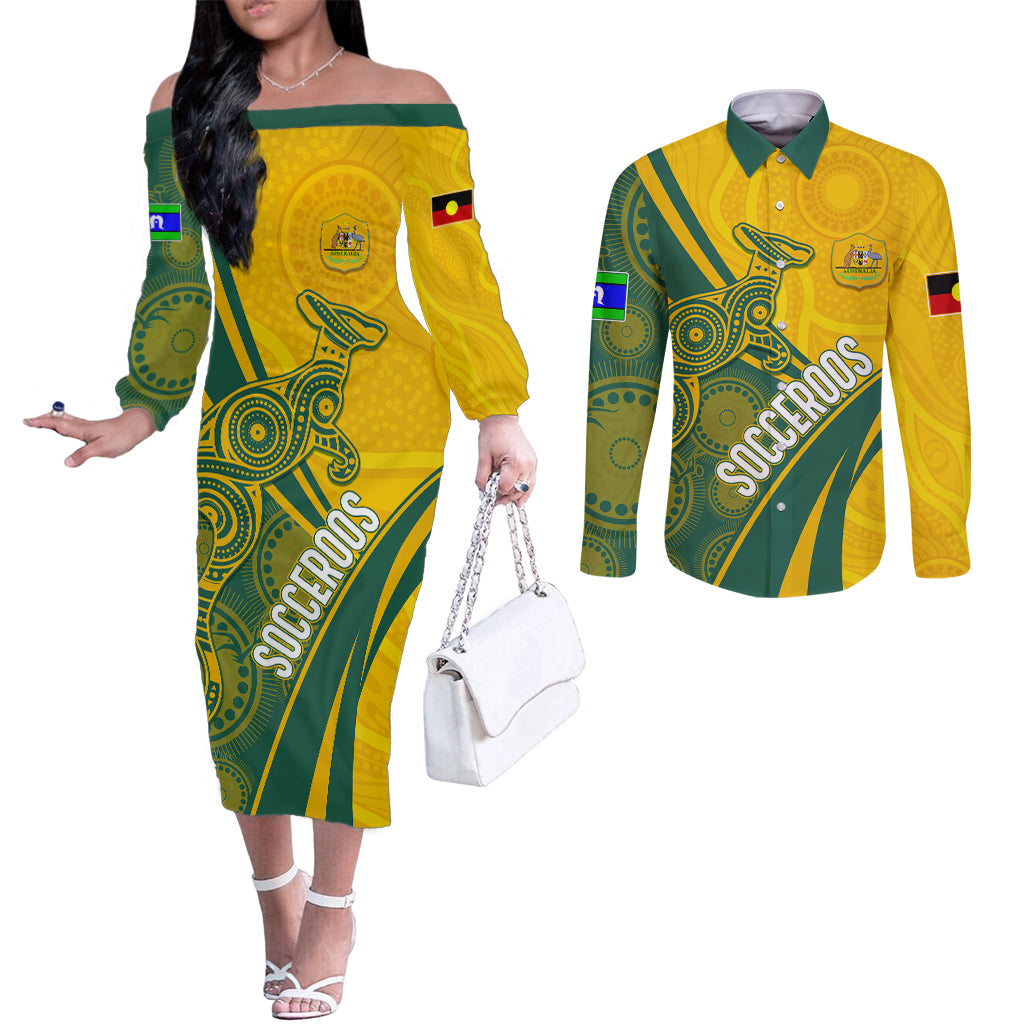personalised-australia-soccer-socceroos-indigenous-couples-matching-off-the-shoulder-long-sleeve-dress-and-long-sleeve-button-shirts-world-cup-2023