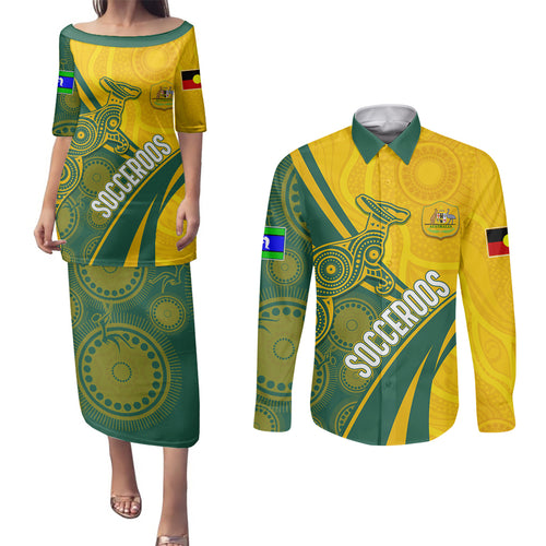 personalised-australia-soccer-socceroos-indigenous-couples-matching-puletasi-dress-and-long-sleeve-button-shirts-world-cup-2023