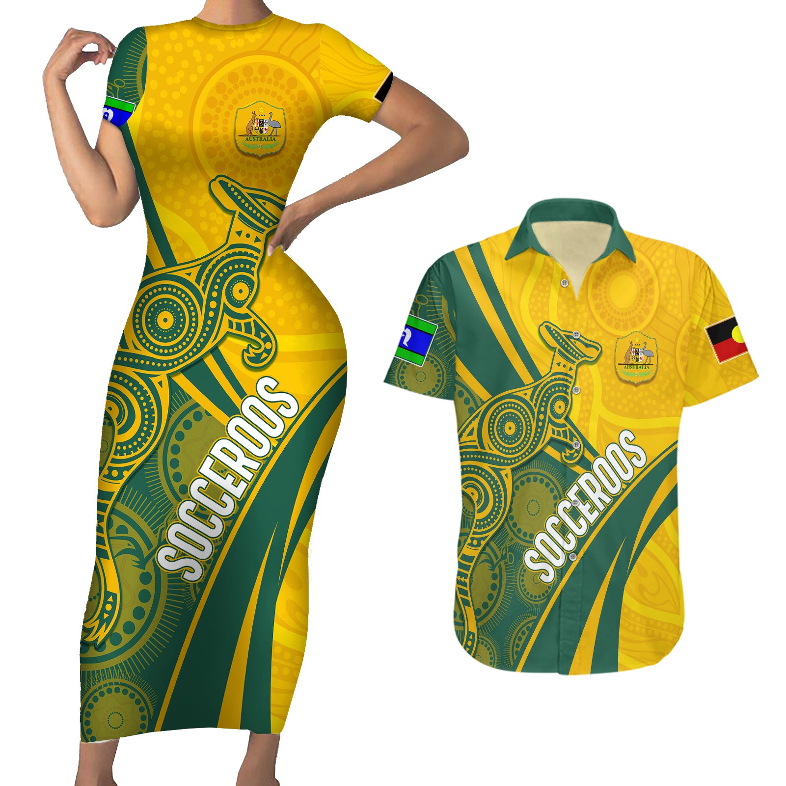 personalised-australia-soccer-socceroos-indigenous-couples-matching-short-sleeve-bodycon-dress-and-hawaiian-shirt-world-cup-2023