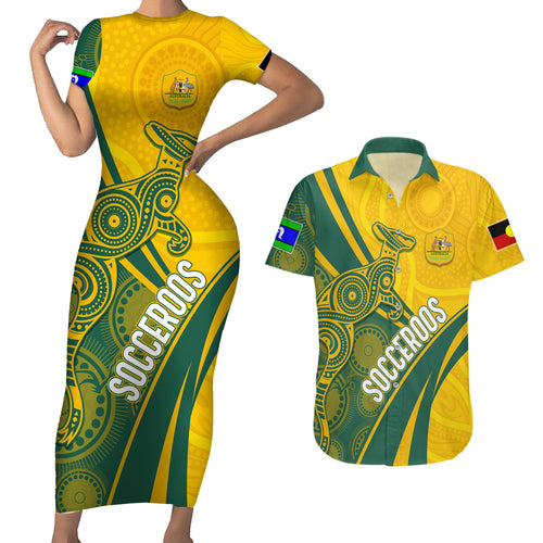 personalised-australia-soccer-socceroos-indigenous-couples-matching-short-sleeve-bodycon-dress-and-hawaiian-shirt-world-cup-2023