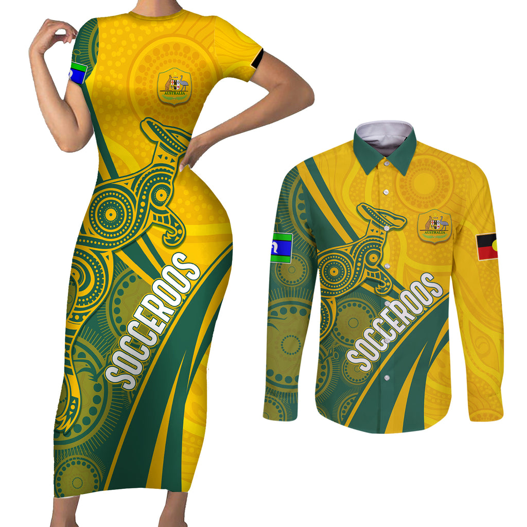 personalised-australia-soccer-socceroos-indigenous-couples-matching-short-sleeve-bodycon-dress-and-long-sleeve-button-shirts-world-cup-2023