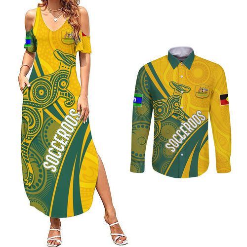 personalised-australia-soccer-socceroos-indigenous-couples-matching-summer-maxi-dress-and-long-sleeve-button-shirts-world-cup-2023