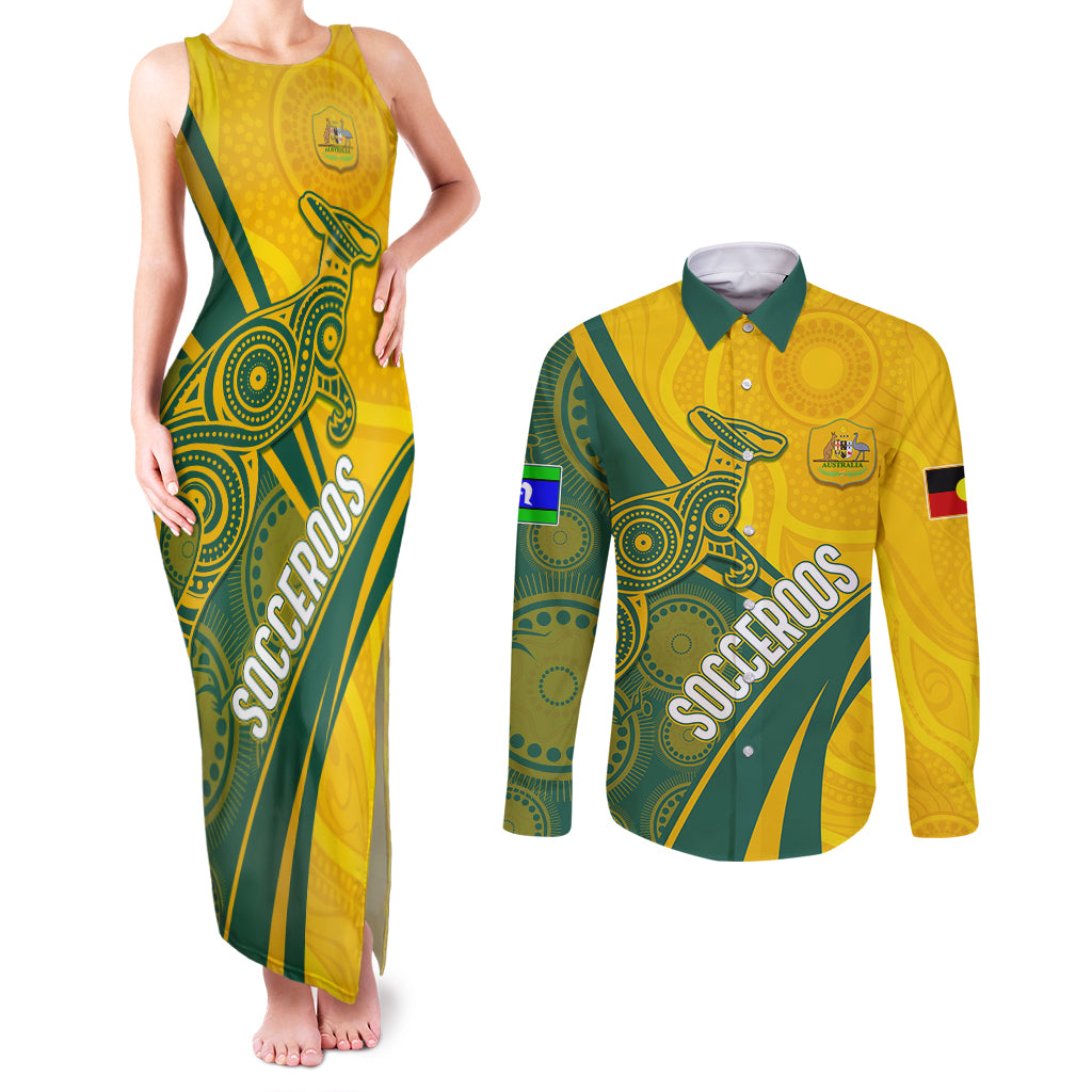personalised-australia-soccer-socceroos-indigenous-couples-matching-tank-maxi-dress-and-long-sleeve-button-shirts-world-cup-2023