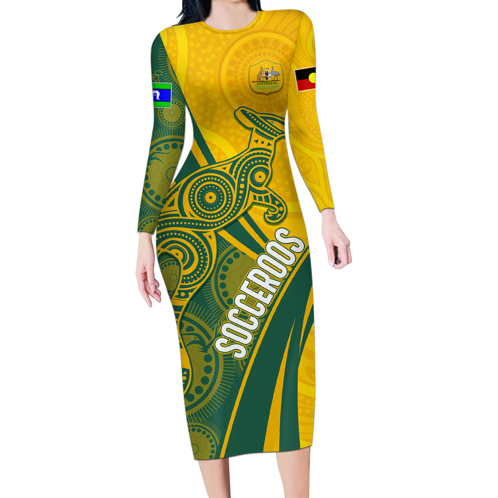 personalised-australia-soccer-socceroos-indigenous-long-sleeve-bodycon-dress-world-cup-2023