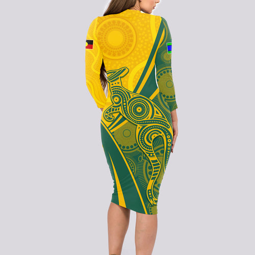 personalised-australia-soccer-socceroos-indigenous-long-sleeve-bodycon-dress-world-cup-2023