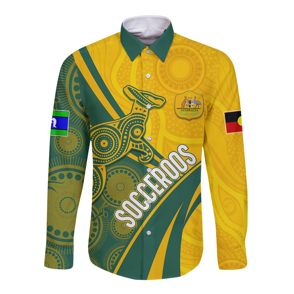 personalised-australia-soccer-socceroos-indigenous-long-sleeve-button-shirt-world-cup-2023