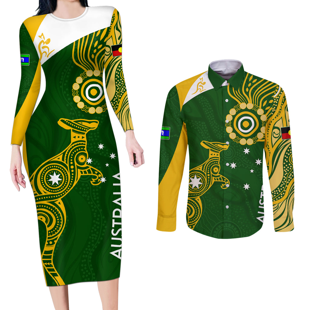 personalised-australia-indigenous-couples-matching-long-sleeve-bodycon-dress-and-long-sleeve-button-shirts-wallabies-champions-rugby-world-cup-2023