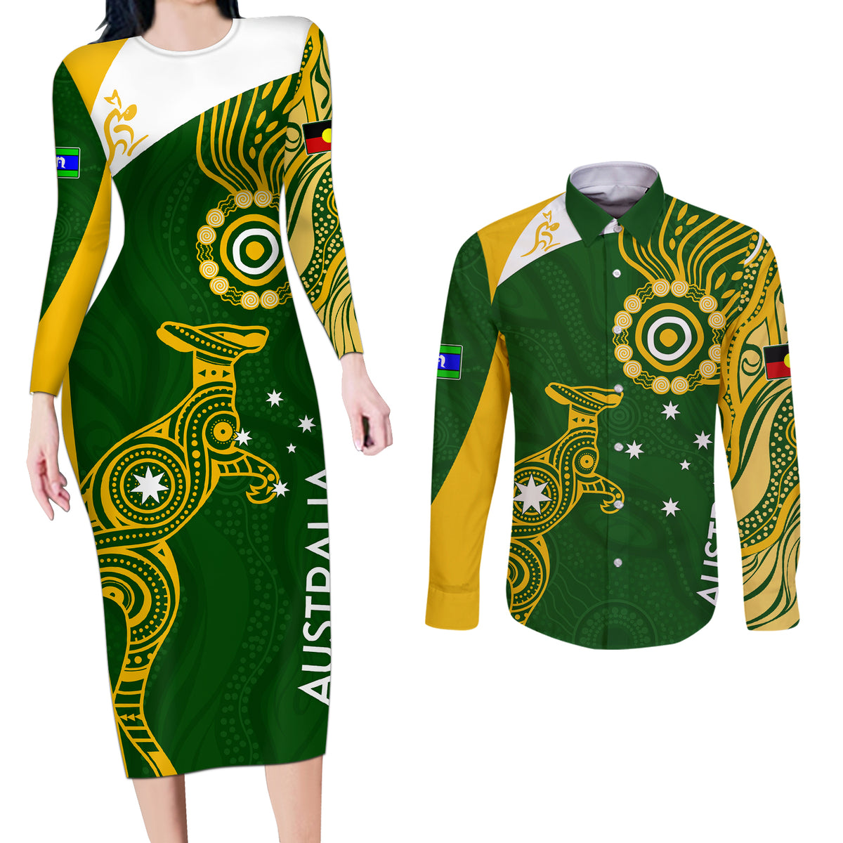 personalised-australia-indigenous-couples-matching-long-sleeve-bodycon-dress-and-long-sleeve-button-shirts-wallabies-champions-rugby-world-cup-2023