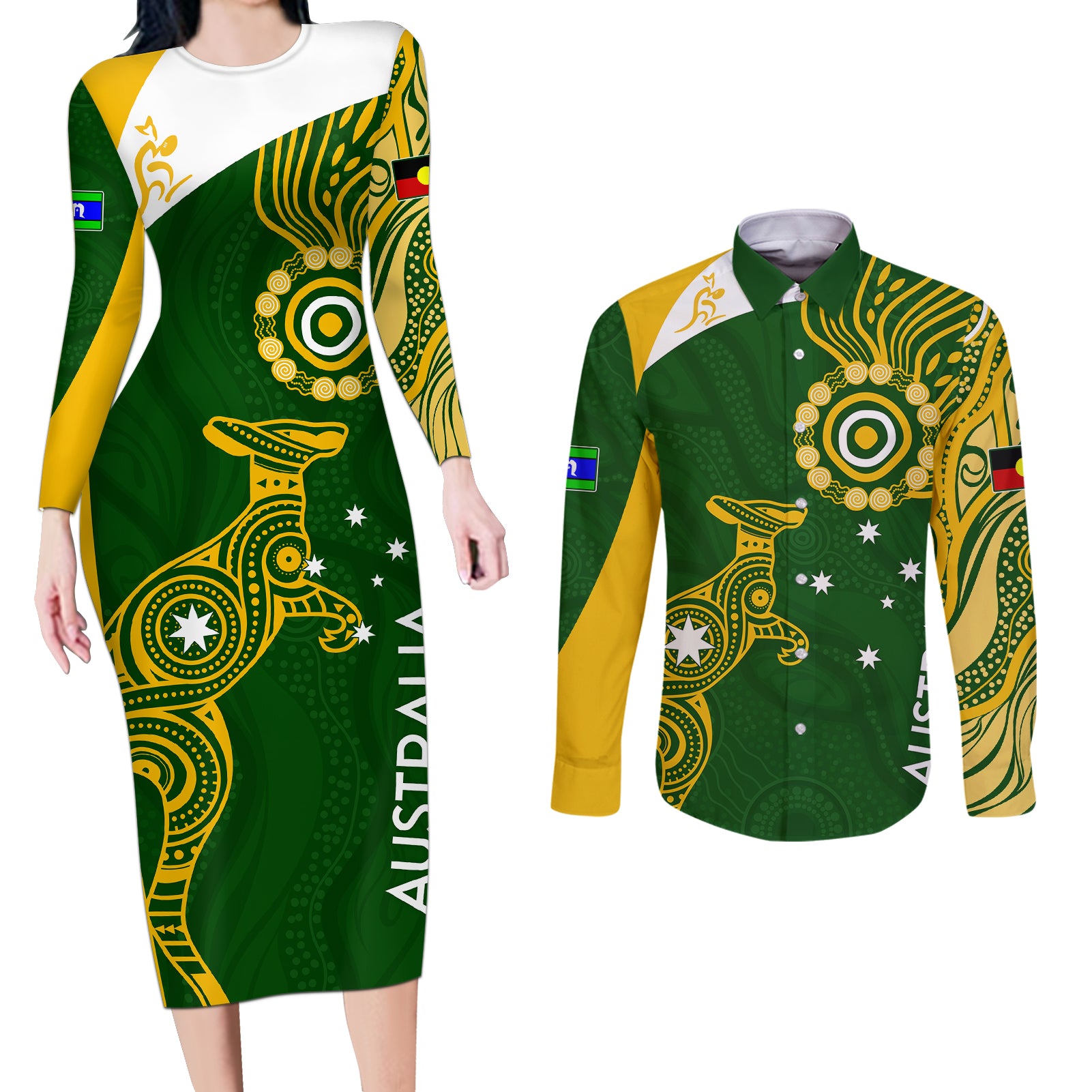 personalised-australia-indigenous-couples-matching-long-sleeve-bodycon-dress-and-long-sleeve-button-shirts-wallabies-champions-rugby-world-cup-2023