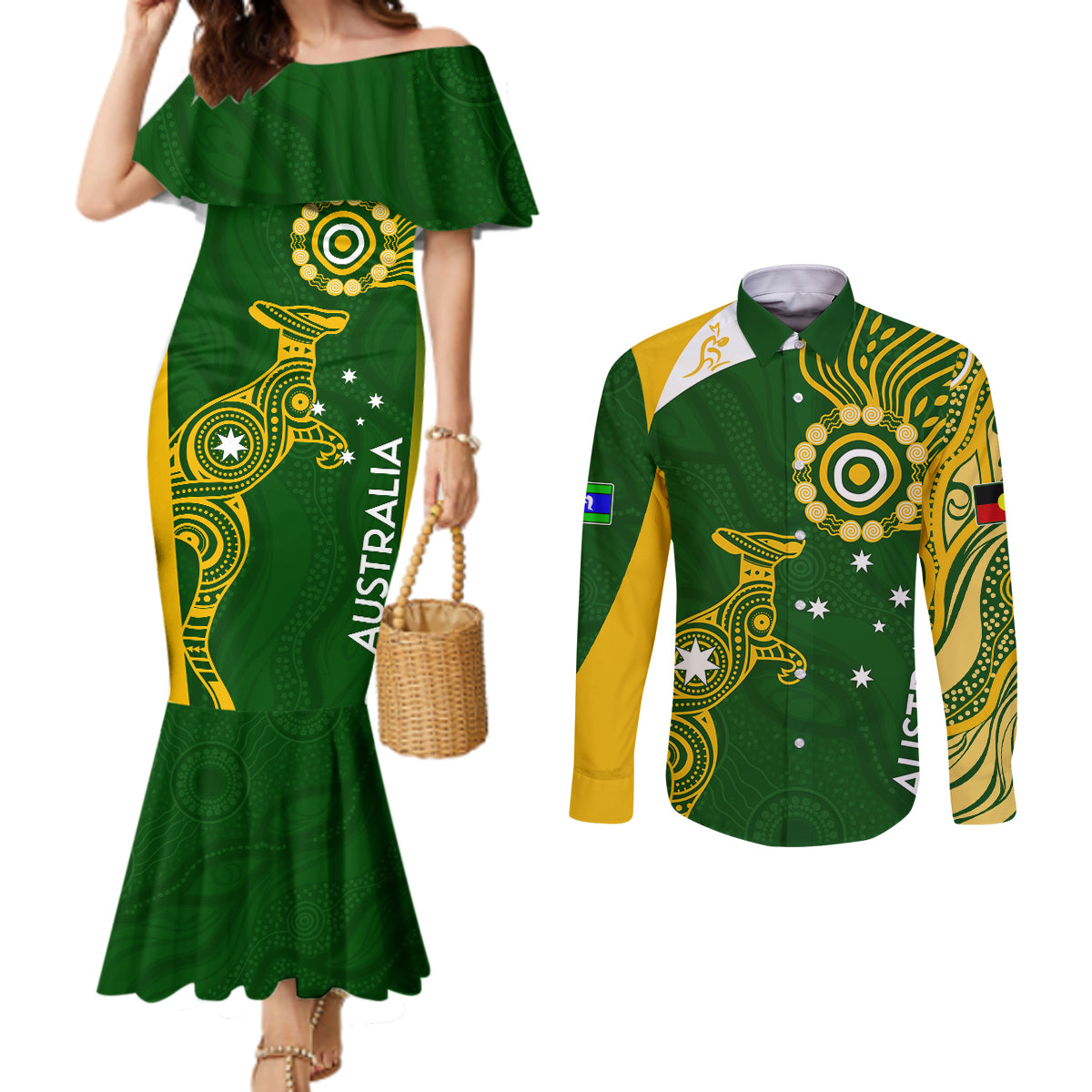 personalised-australia-indigenous-couples-matching-mermaid-dress-and-long-sleeve-button-shirts-wallabies-champions-rugby-world-cup-2023