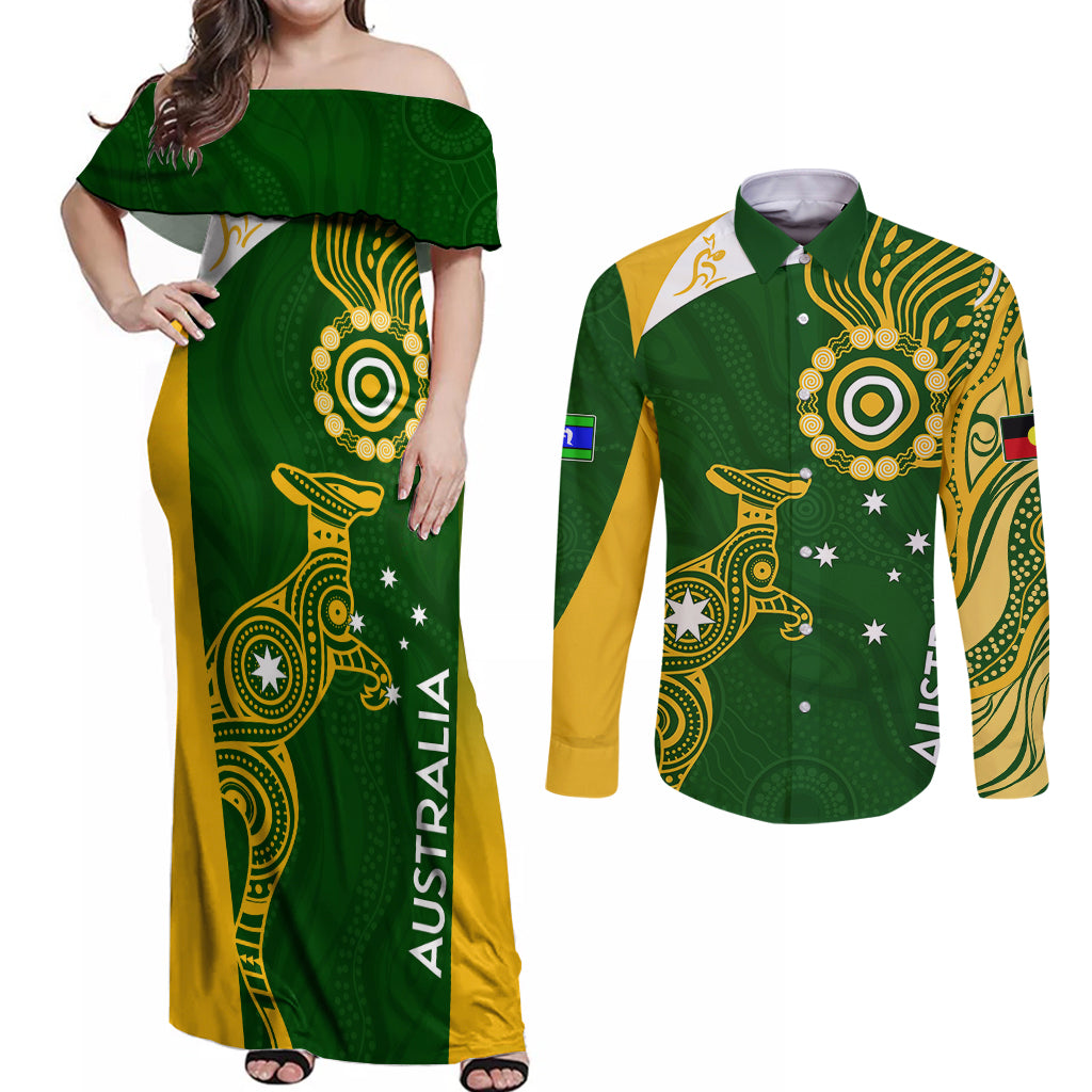 personalised-australia-indigenous-couples-matching-off-shoulder-maxi-dress-and-long-sleeve-button-shirts-wallabies-champions-rugby-world-cup-2023