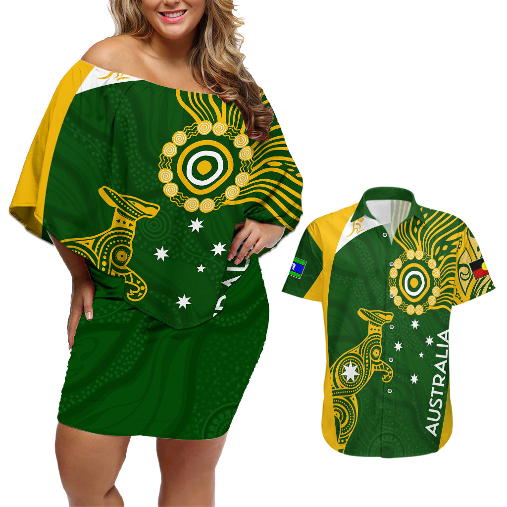 personalised-australia-indigenous-couples-matching-off-shoulder-short-dress-and-hawaiian-shirt-wallabies-champions-rugby-world-cup-2023