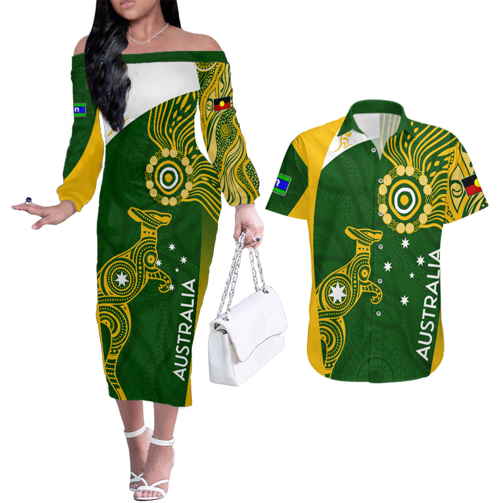 personalised-australia-indigenous-couples-matching-off-the-shoulder-long-sleeve-dress-and-hawaiian-shirt-wallabies-champions-rugby-world-cup-2023