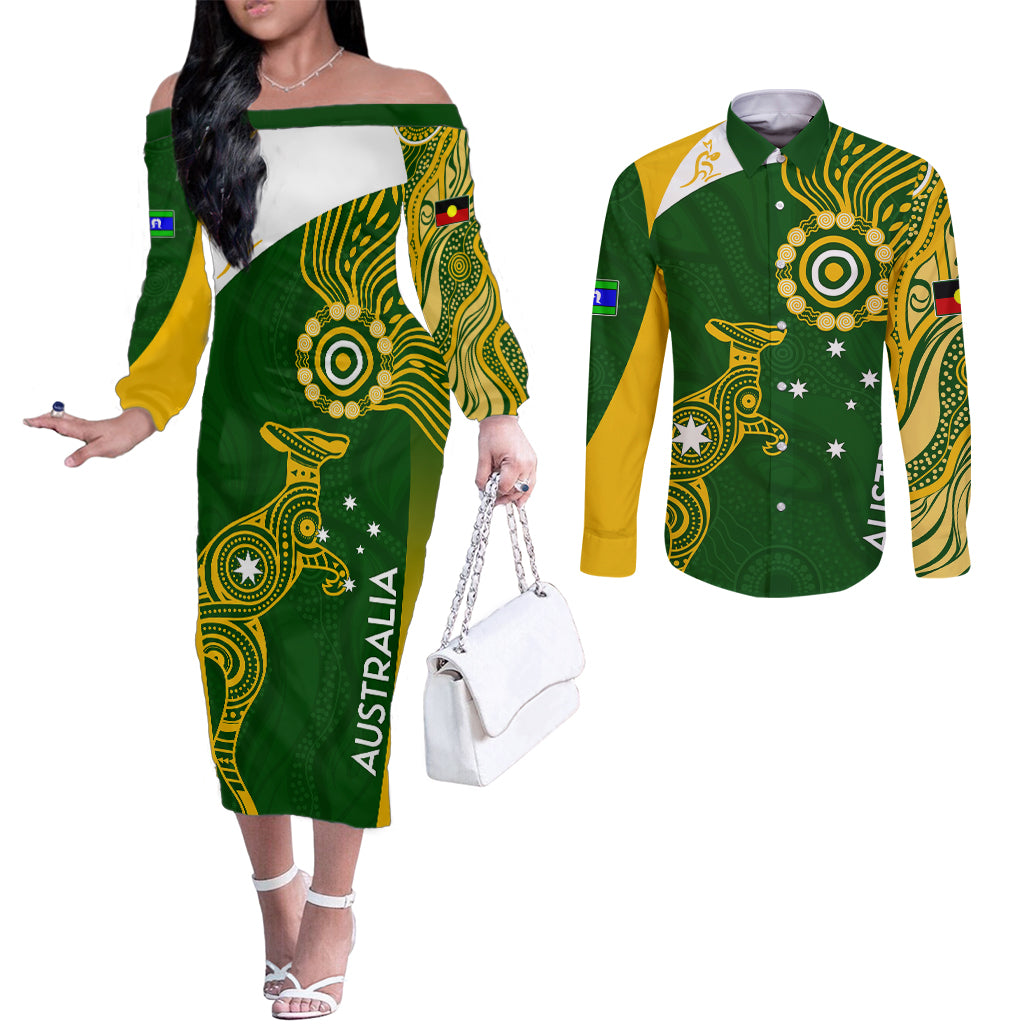 personalised-australia-indigenous-couples-matching-off-the-shoulder-long-sleeve-dress-and-long-sleeve-button-shirts-wallabies-champions-rugby-world-cup-2023