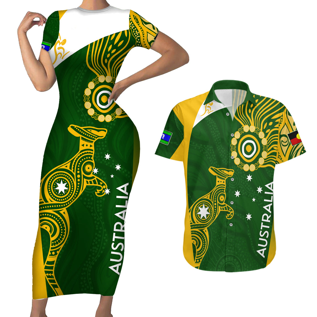 personalised-australia-indigenous-couples-matching-short-sleeve-bodycon-dress-and-hawaiian-shirt-wallabies-champions-rugby-world-cup-2023