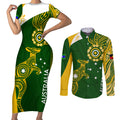personalised-australia-indigenous-couples-matching-short-sleeve-bodycon-dress-and-long-sleeve-button-shirts-wallabies-champions-rugby-world-cup-2023