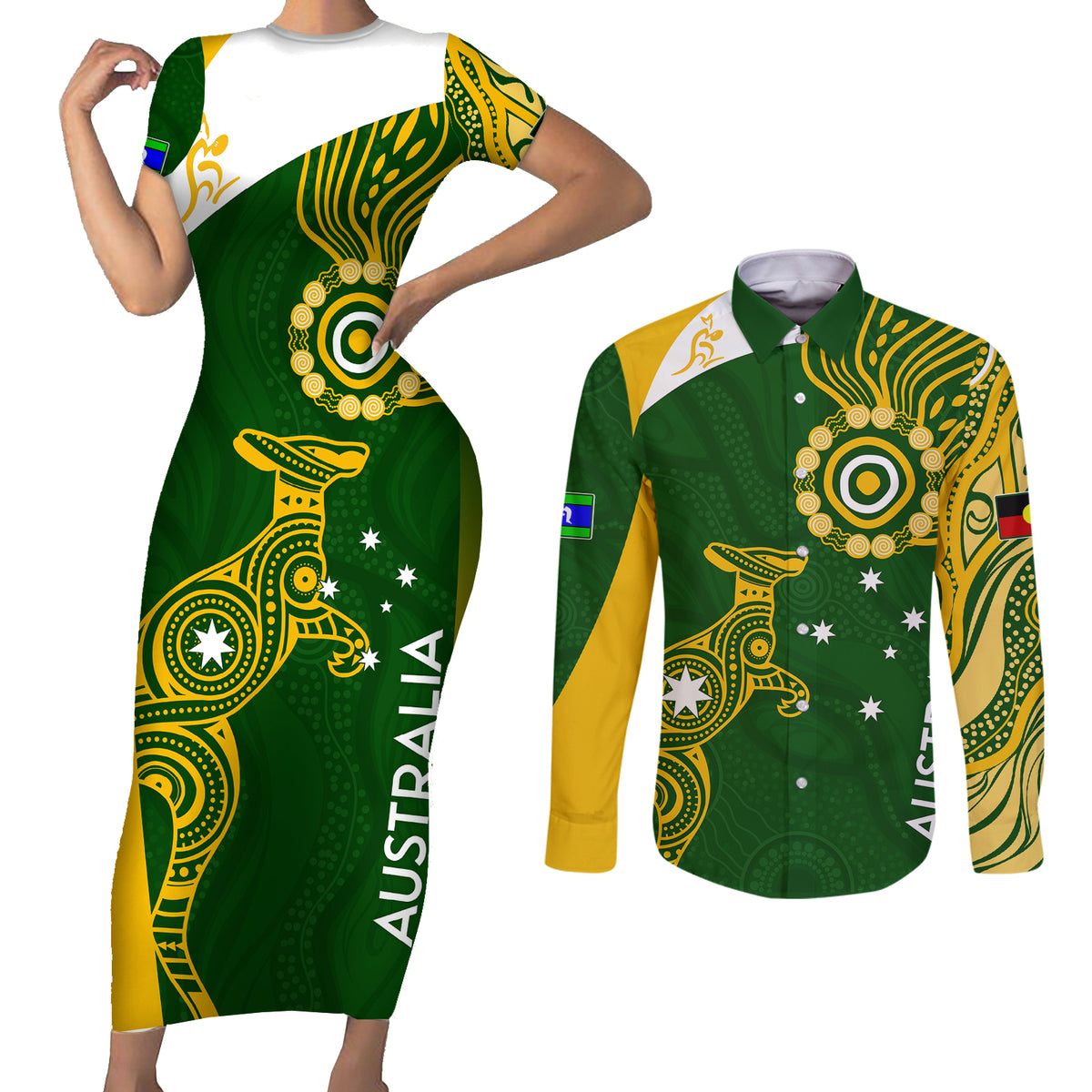 personalised-australia-indigenous-couples-matching-short-sleeve-bodycon-dress-and-long-sleeve-button-shirts-wallabies-champions-rugby-world-cup-2023