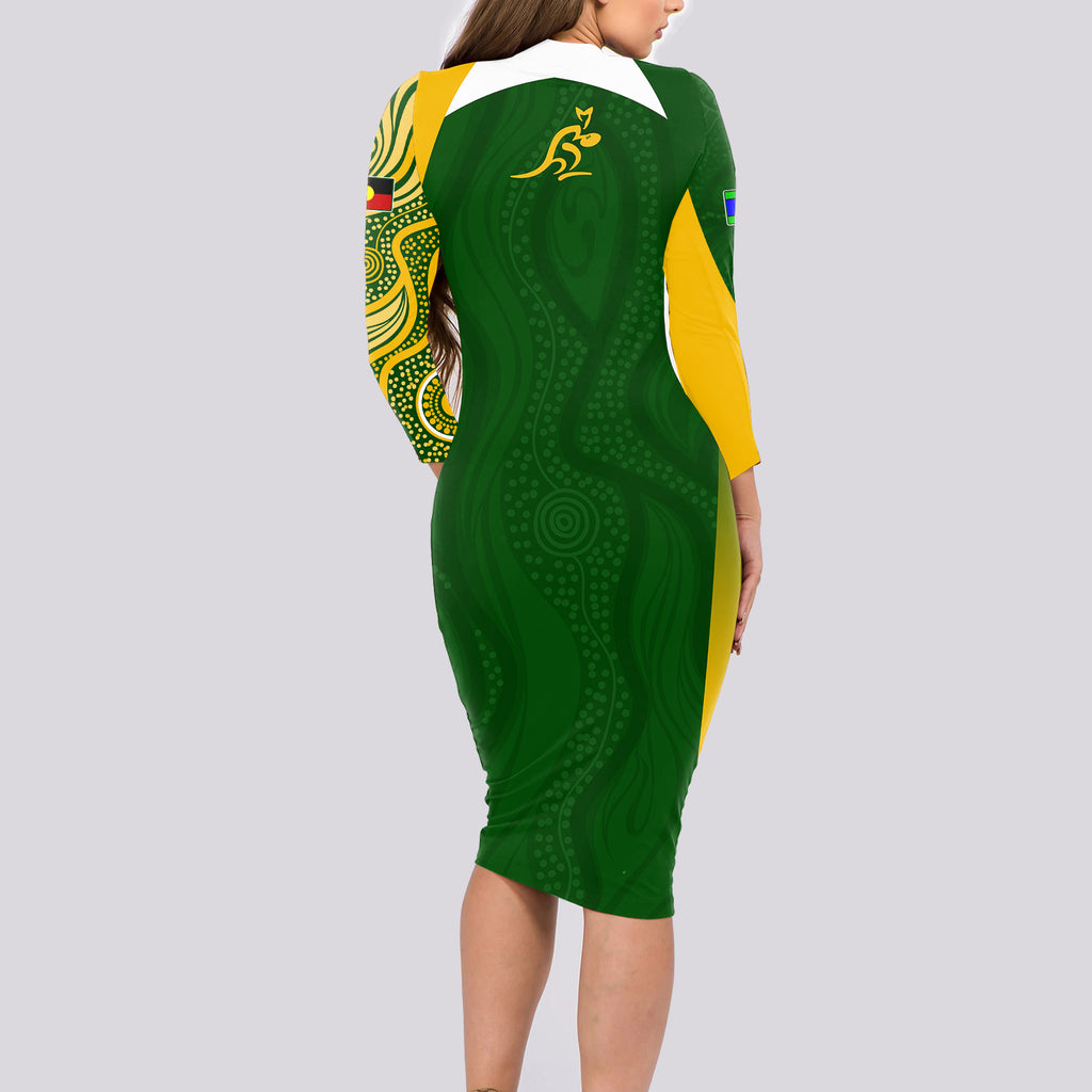 personalised-australia-indigenous-long-sleeve-bodycon-dress-wallabies-champions-rugby-world-cup-2023
