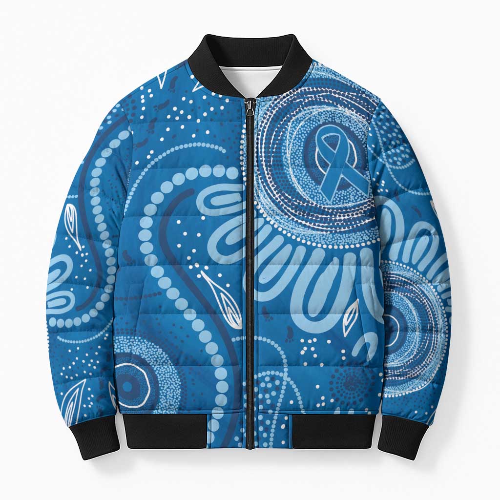 Australia Indigenous Bomber Puffer Jacket Blue Ribbon Prostate Cancer Awareness - Aussie Hoodie