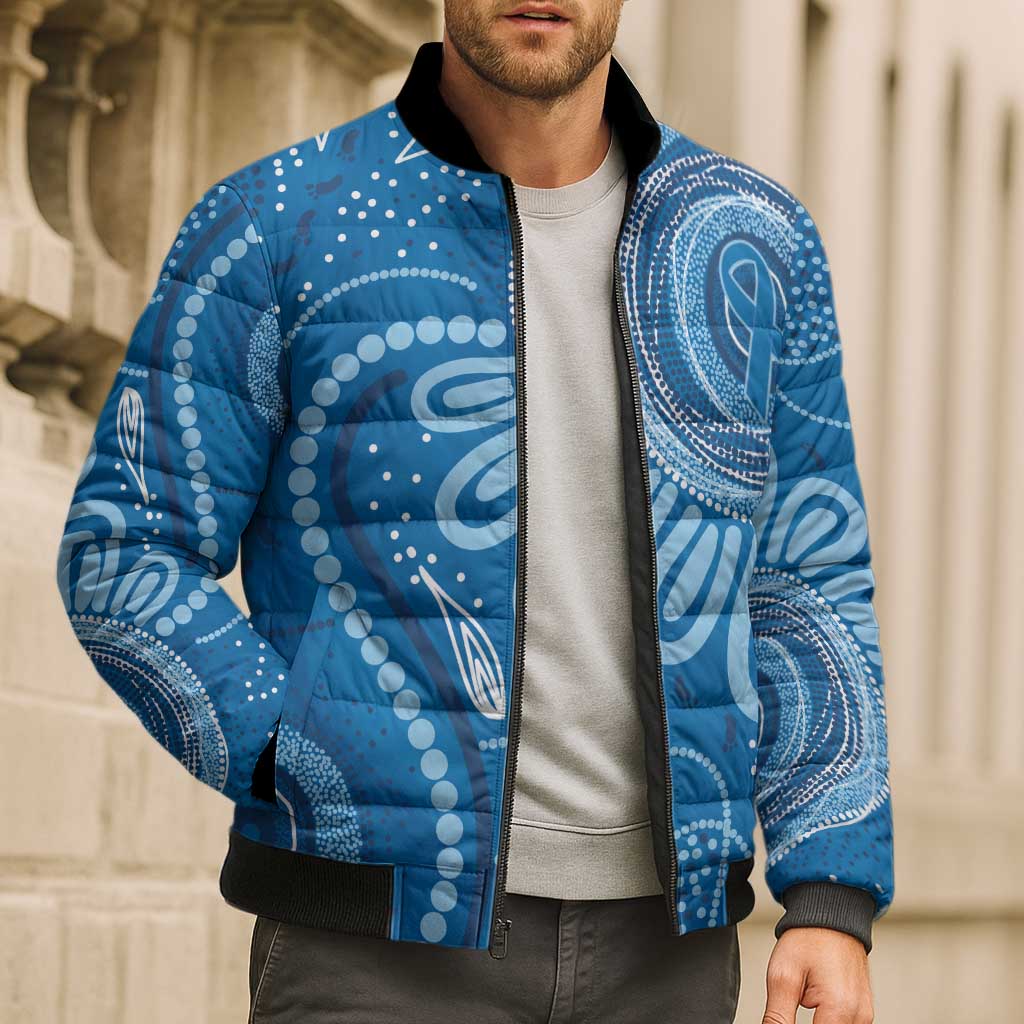 Australia Indigenous Bomber Puffer Jacket Blue Ribbon Prostate Cancer Awareness - Aussie Hoodie
