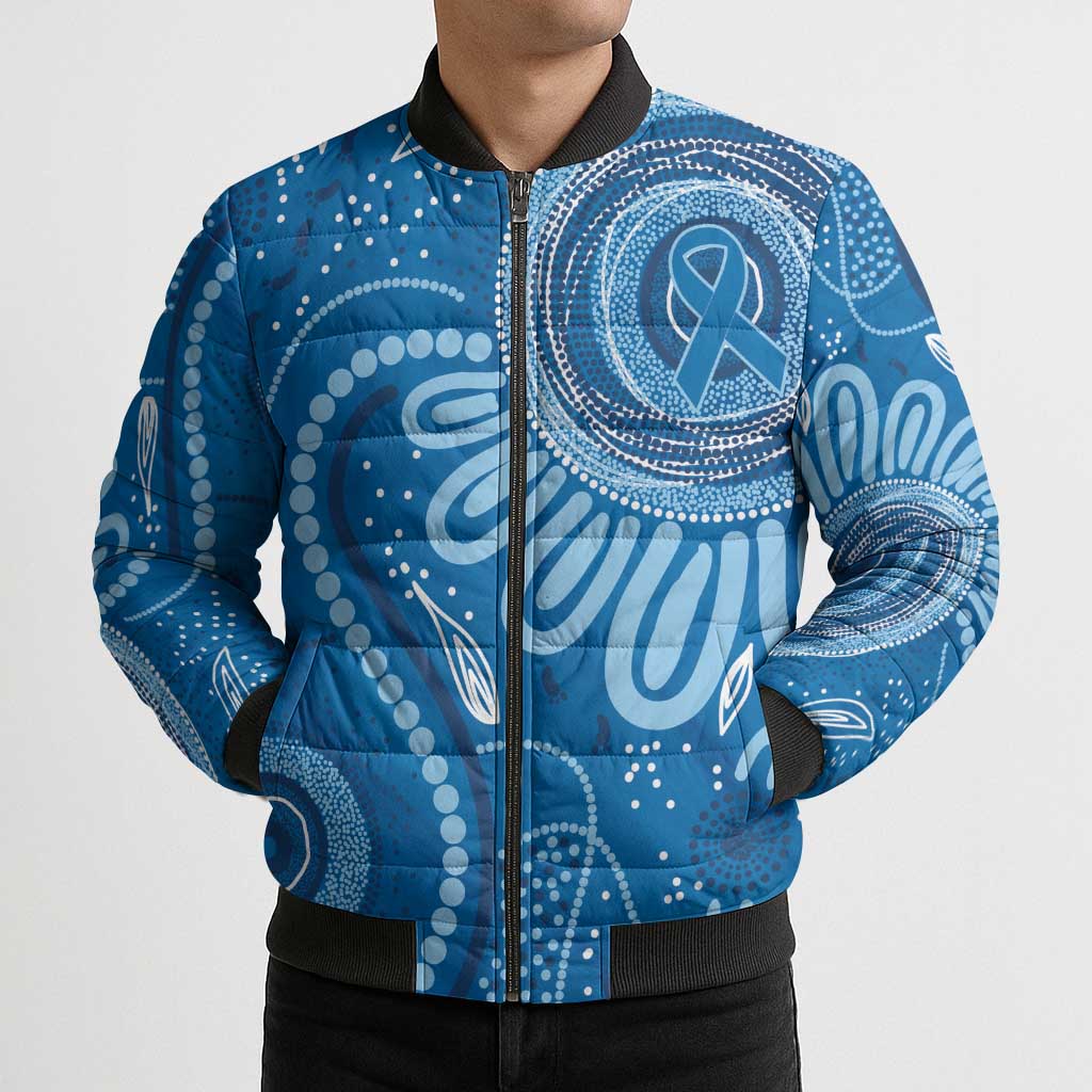 Australia Indigenous Bomber Puffer Jacket Blue Ribbon Prostate Cancer Awareness - Aussie Hoodie