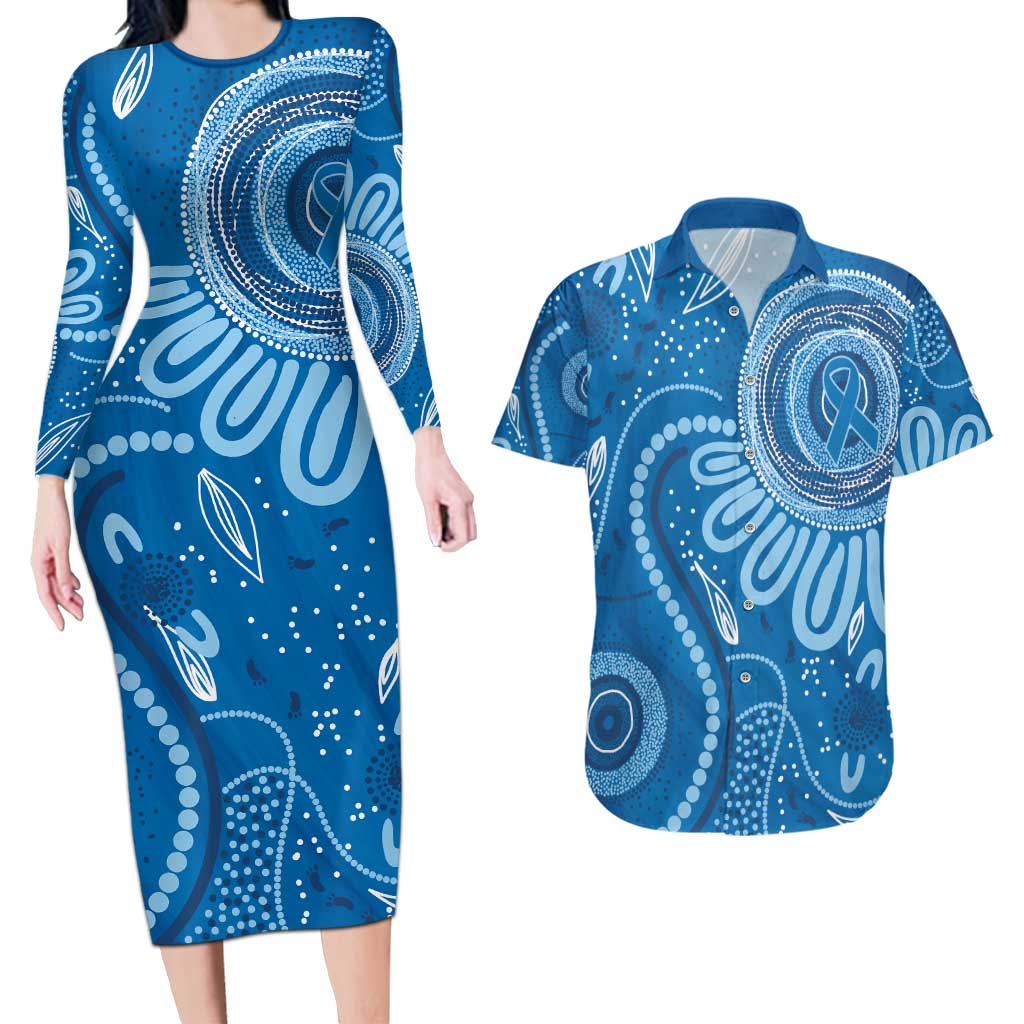 Australia Indigenous Couples Matching Long Sleeve Bodycon Dress and Hawaiian Shirt Blue Ribbon Prostate Cancer Awareness - Aussie Hoodie
