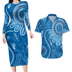 Australia Indigenous Couples Matching Long Sleeve Bodycon Dress and Hawaiian Shirt Blue Ribbon Prostate Cancer Awareness - Aussie Hoodie
