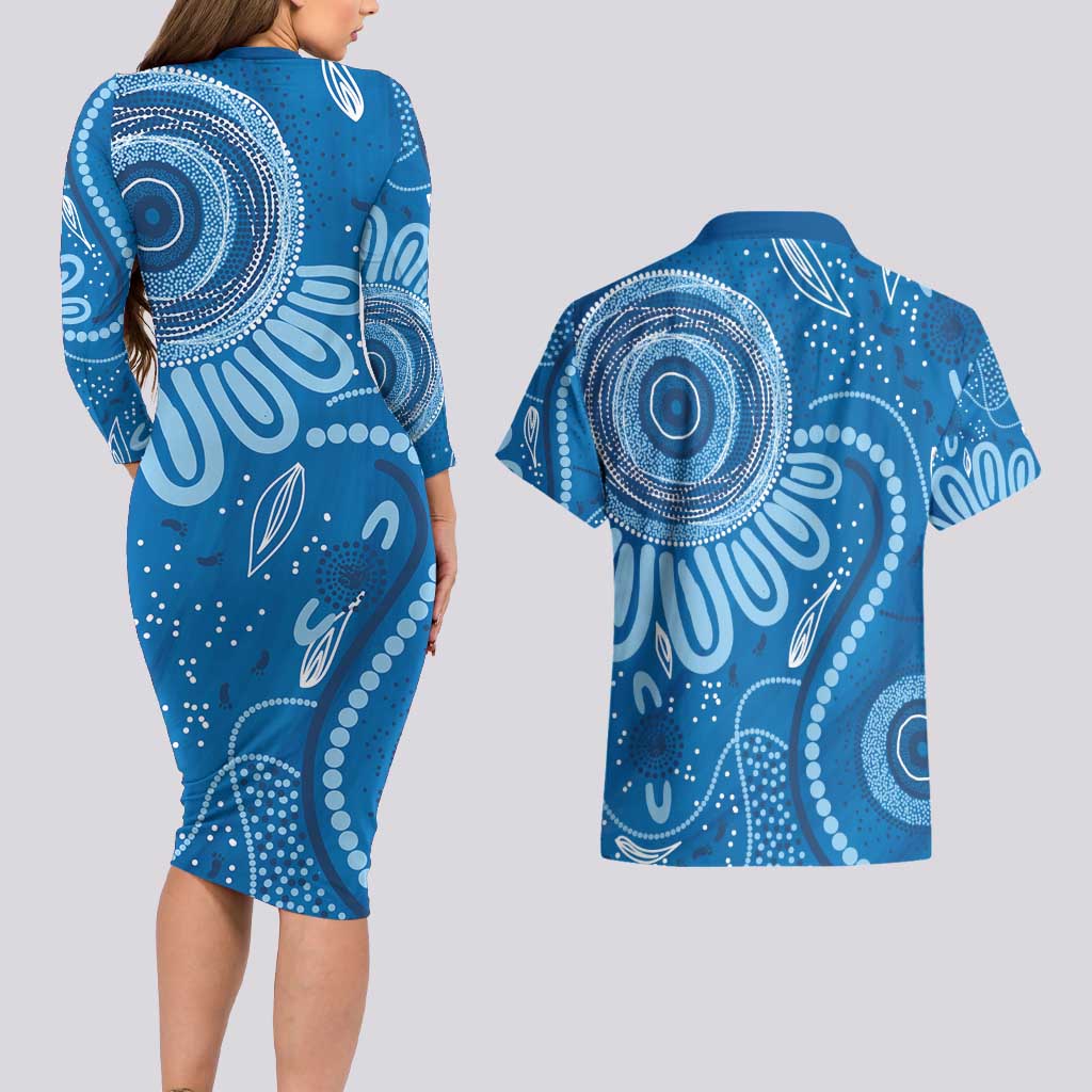 Australia Indigenous Couples Matching Long Sleeve Bodycon Dress and Hawaiian Shirt Blue Ribbon Prostate Cancer Awareness - Aussie Hoodie