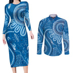 Australia Indigenous Couples Matching Long Sleeve Bodycon Dress and Long Sleeve Button Shirt Blue Ribbon Prostate Cancer Awareness - Aussie Hoodie