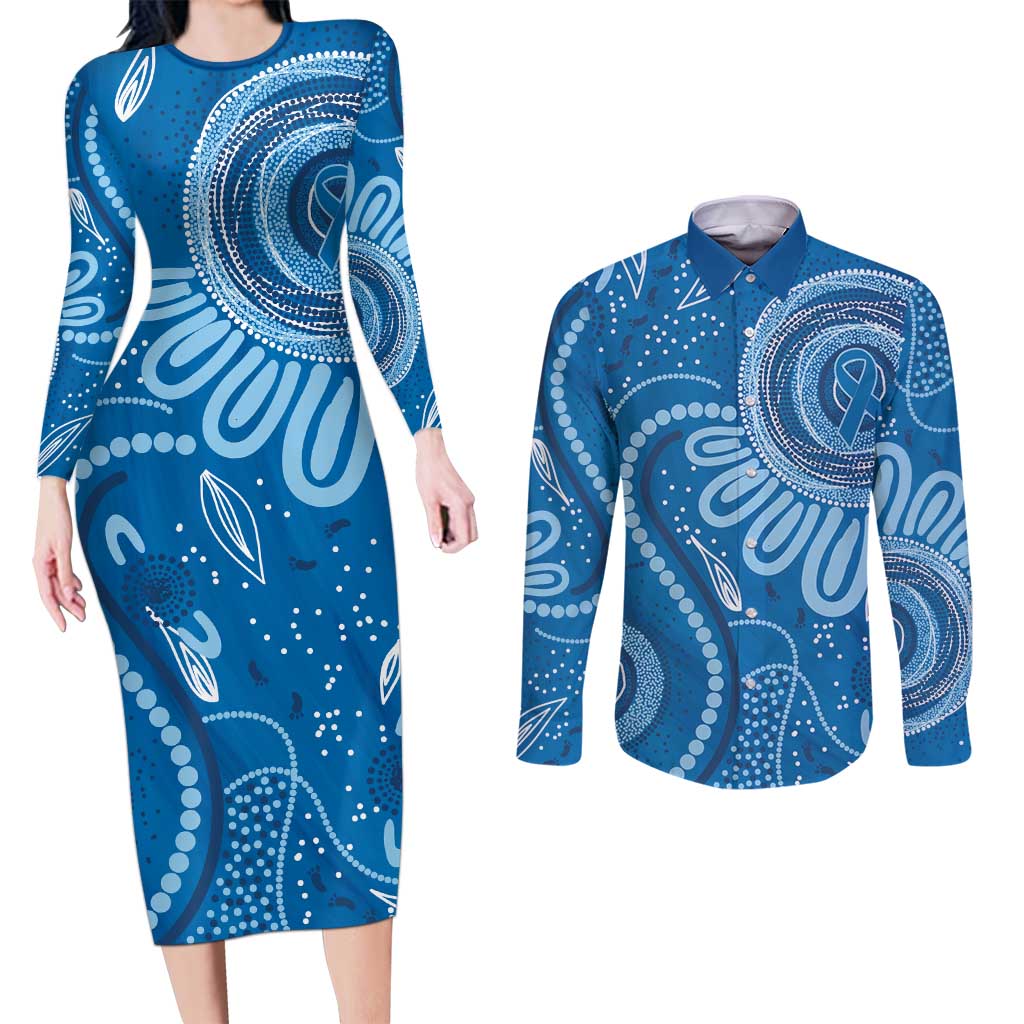 Australia Indigenous Couples Matching Long Sleeve Bodycon Dress and Long Sleeve Button Shirt Blue Ribbon Prostate Cancer Awareness - Aussie Hoodie