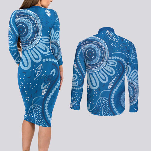 Australia Indigenous Couples Matching Long Sleeve Bodycon Dress and Long Sleeve Button Shirt Blue Ribbon Prostate Cancer Awareness - Aussie Hoodie